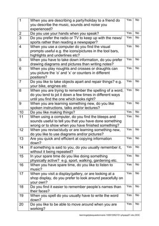 Learning Styles Questionnaire Pdf