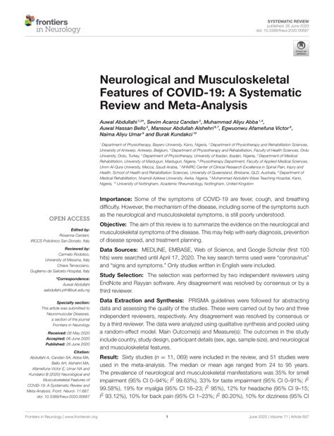 Pdf Neurological And Musculoskeletal Features Of Covid A