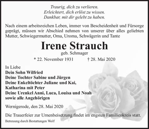 Traueranzeigen Von Irene Strauch Geb Schmager Abschied Nehmen De