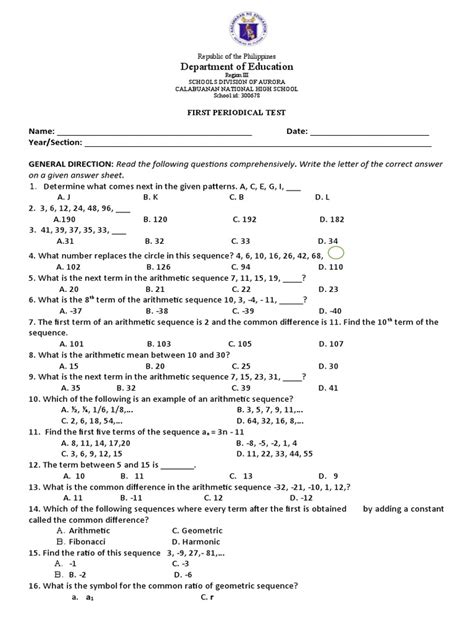 1st Periodical Test In Math Sy 2022 2023 Pdf Polynomial Sequence