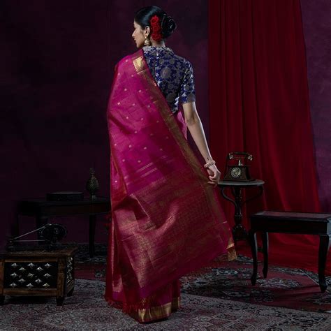 Rani Pink Vaira Oosi Pure Zari Kanjivaram Silk Saree With Rudraksh Motifs