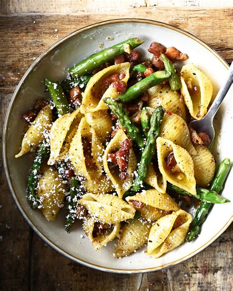 Brown Butter Asparagus Pasta with Bacon - Serving Dumplings