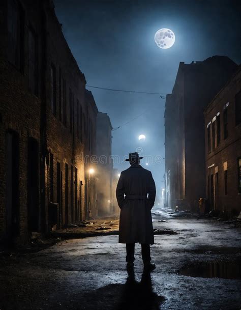 Mysterious Man In Trench Coat And Hat Standing In Dark Alleyway At