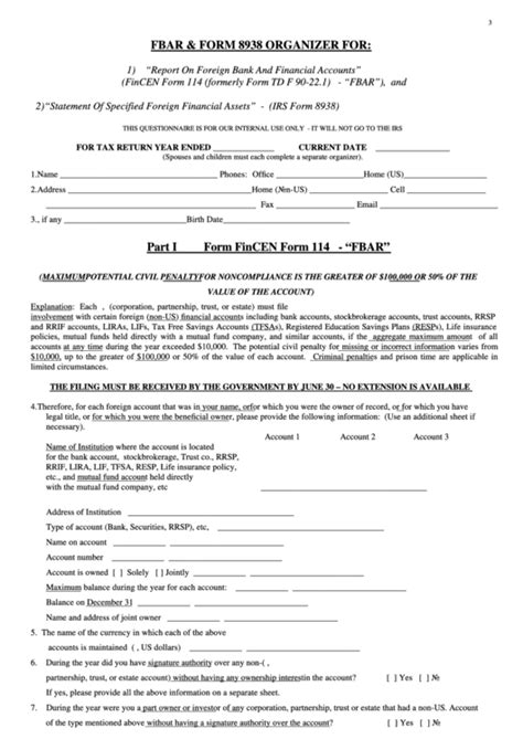 Fillable Fbar And Form 8938 Report On Foreign Bank And Financial Account And Statement Of