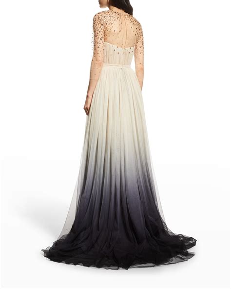 Pamella Roland Crystal Embellished Pleated Ombre Chiffon Illusion Gown