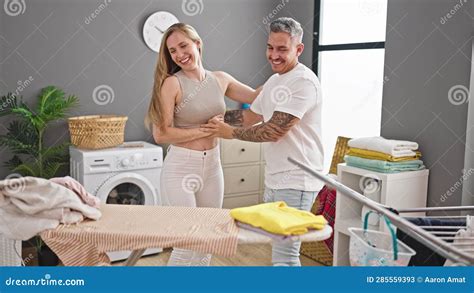 Man And Woman Couple Doing Chores Dancing At Laundry Room Stock Video Video Of Adult Chores