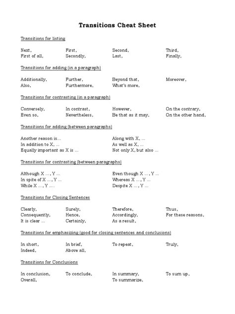 Transitions Cheat Sheet Pdf