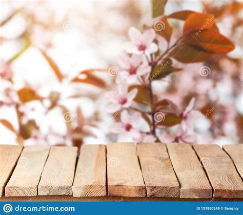 Tabla De Madera Vac A Con El Rbol Floreciente Borroso En Fondo Foto De