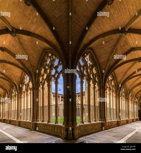 Pamplona Spain June Ornate Gothic Cloister Arcade Arches Of