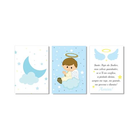 Quadro para menino oração santo anjo lua e anjinho Elo7