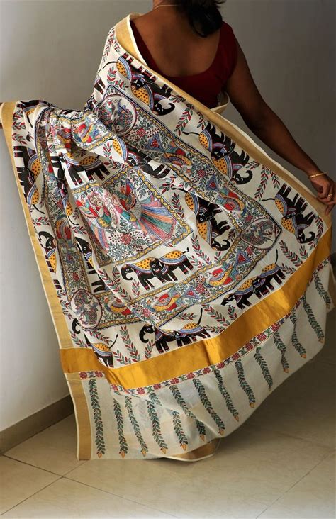 Advaita Handicrafts Handpainted Madhubani Saree Elephants Sarees