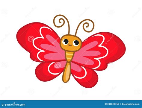 Cute Cartoon Happy Butterfly With Red Wings The Moth Flies And Smiles