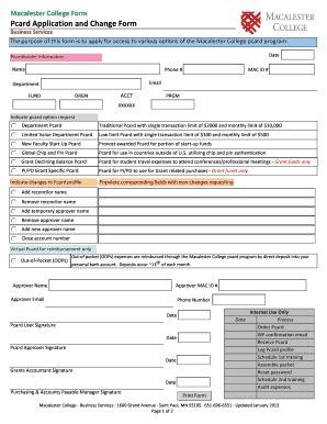 Fillable Online Macalester Pcard Application And Change Form