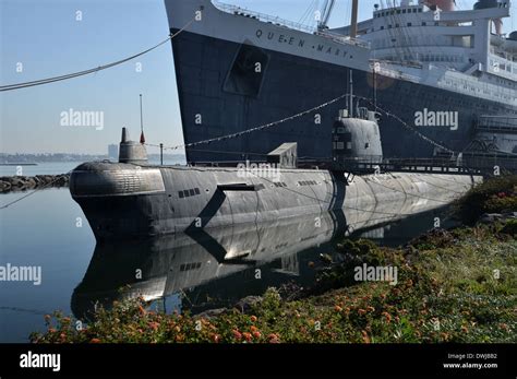 Queen Mary, 1936 art deco Cunard ocean liner and Russian Submarine B427 ...