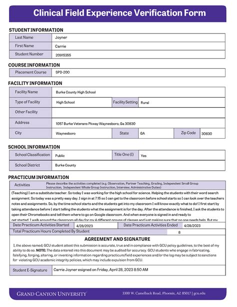 Clinical Field Experience Verification Form By Carrie Joyner Course