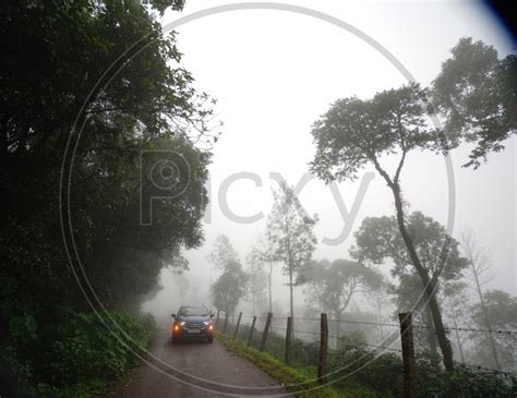 Image Of Foggy Mornings In Chickmangalur Commuting Car In Foggy