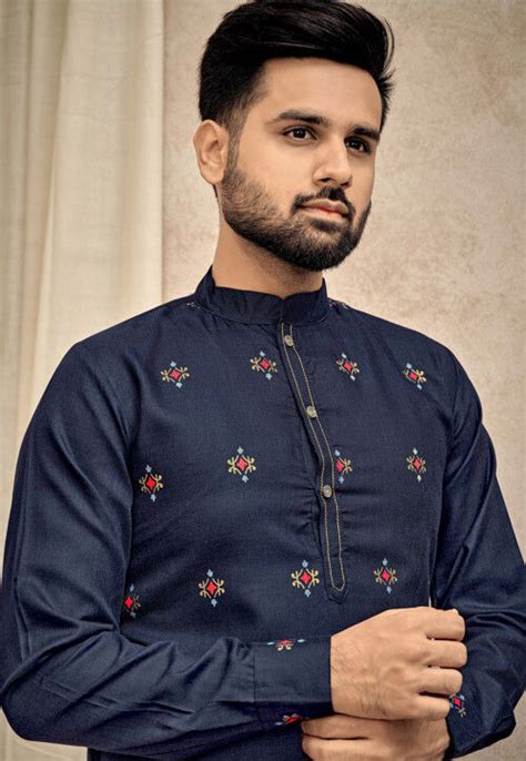 Buy Printed Cotton Kurta Set In Navy Blue Online Mmq Utsav Fashion