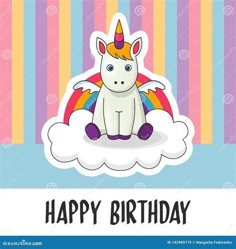 Happy Birthday Greeting Card With Cute Baby Unicorn With Rainbow And