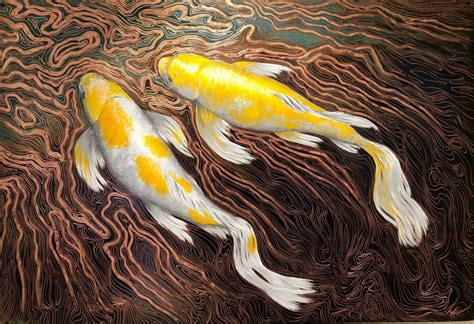 Paul Fearn White Tails Koi Fish Painting Copper No Naked Walls