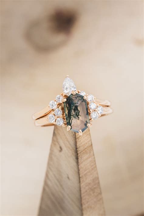 Octavia Elongated Hexagon Moss Agate Engagement Ring With Diamond