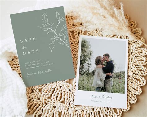 Sage Green Save The Date Template Minimalist Photo Wedding Etsy