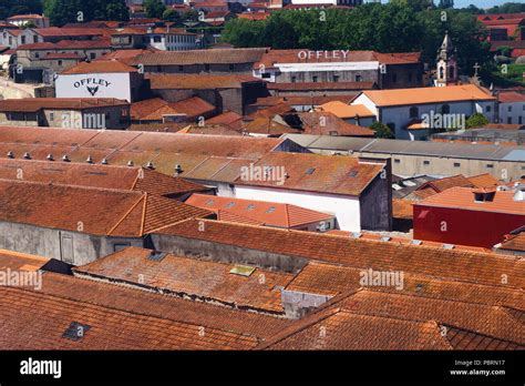 Rooftops of the port wine cellars in Vila Nova de Gaia showing the ...