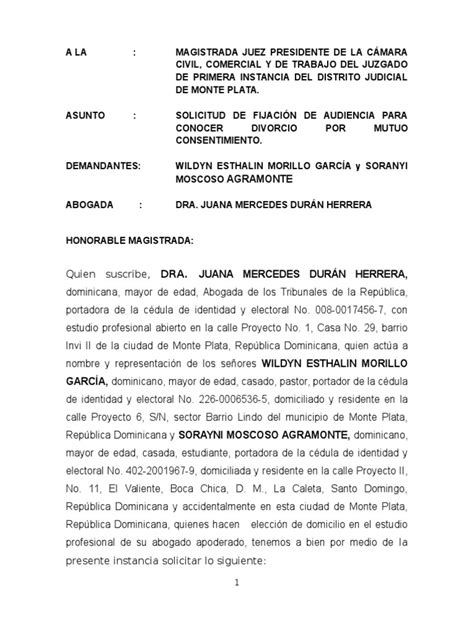 Solicitud De Fijacion De Audiencia Divorcio De Juanita Wildyn