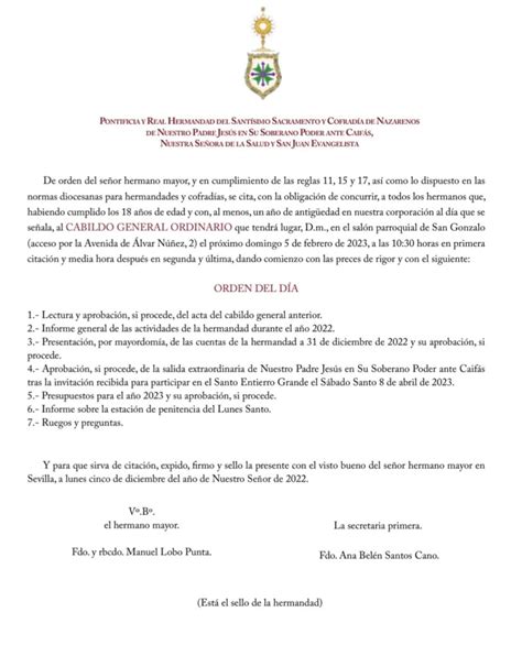 Convocatoria Del Cabildo General Ordinario Hermandad De San Gonzalo