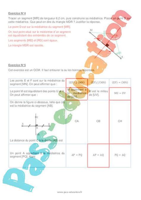 Médiatrice dun segment 6ème Evaluation avec la correction PDF à