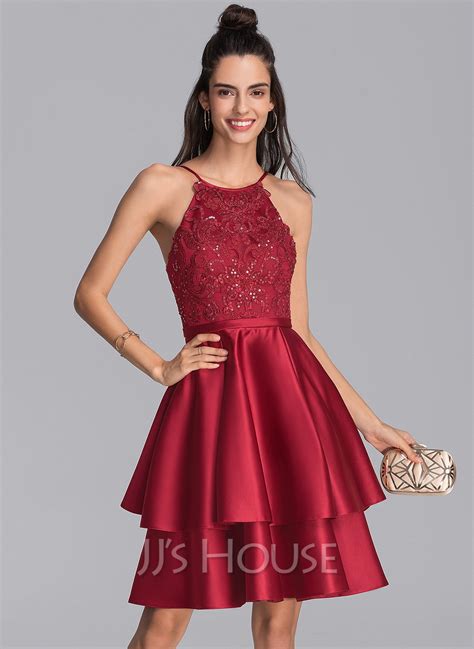 A Line Scoop Neck Knee Length Satin Homecoming Dress With Sequins