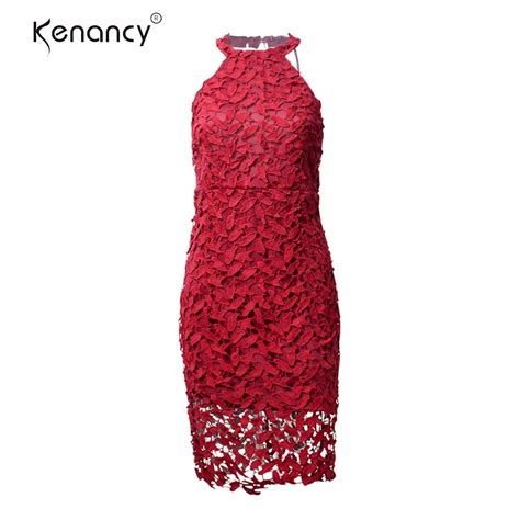 Kenancy Sexy Women Hang Neck Backless Hollowed Out Lace Slim Dress