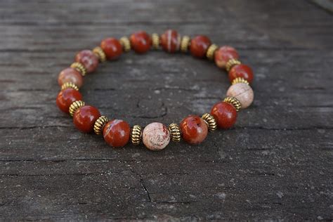 Red Jasper Beaded Bracelet 8mm Natural Crystal And Brass Bead Etsy