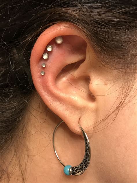 Set Of Five Helix Piercings With Flat Back Moonstone Studs Helix