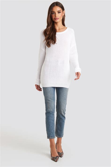 Knitted Deep V Neck Sweater White Na