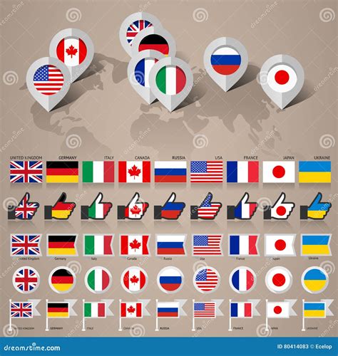 G8 flags with map big set stock vector. Illustration of landmark - 80414083