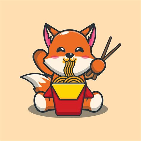 Premium Vector | Cute fox eating noodlecute animal cartoon illustration