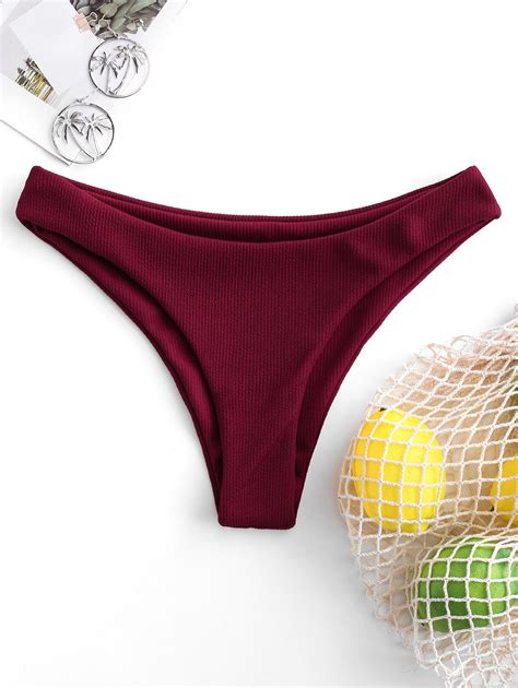 Zaful High Leg Ribbed Bikini Bottom In Red Wine Zaful