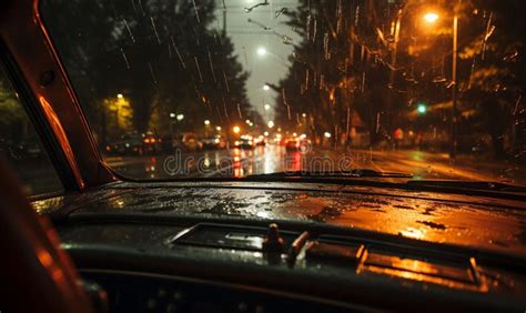 View From Driver Seat In Metro City On A Bad Weather Raining Day Stock