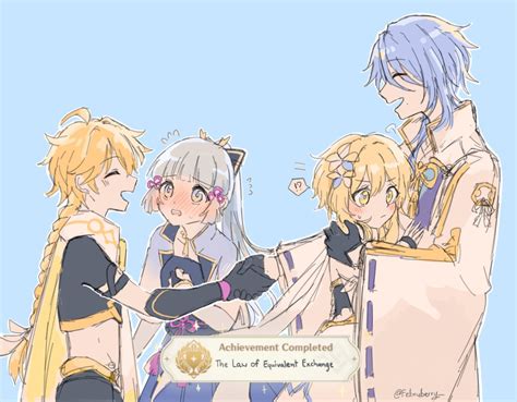 Safebooru 2boys 2girls Aether Genshin Impact Blonde Hair Blue Background Blue Eyes Blue Hair