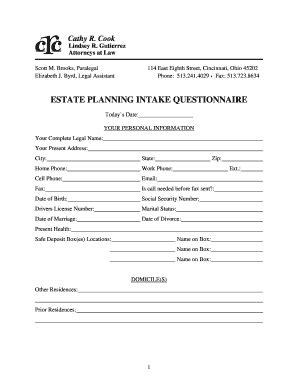 Fillable Online ESTATE PLANNING INTAKE QUESTIONNAIRE Cathy R Cook