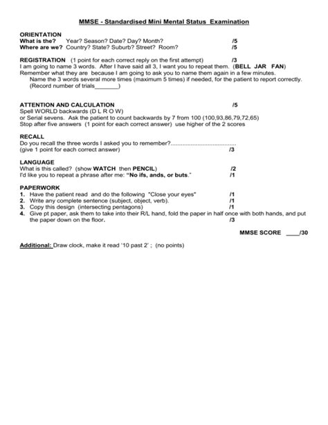 Mmse Standardised Mini Mental Status Examination Form