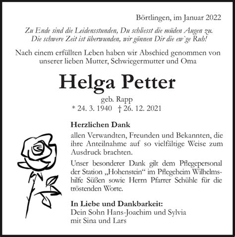 Traueranzeigen von Helga Petter Südwest Presse Trauer