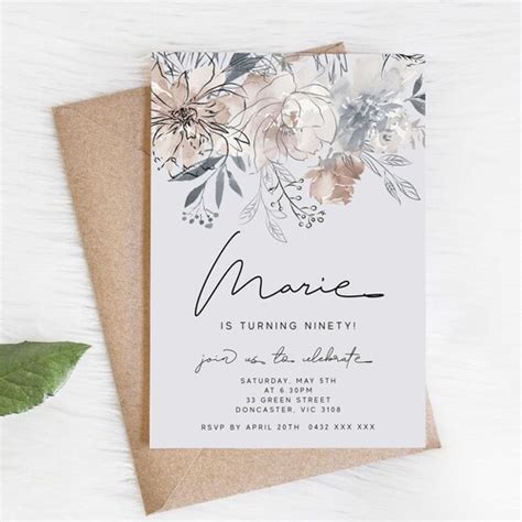 Blush Floral 90th Birthday Invitation Editable Template Etsy Australia