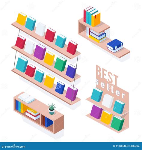 Set Of Isometric Bookshelves Stock Vector Illustration Of Bookstore