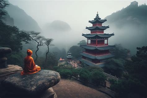 Premium AI Image | A buddhist monk meditating in front of a misty mountain.