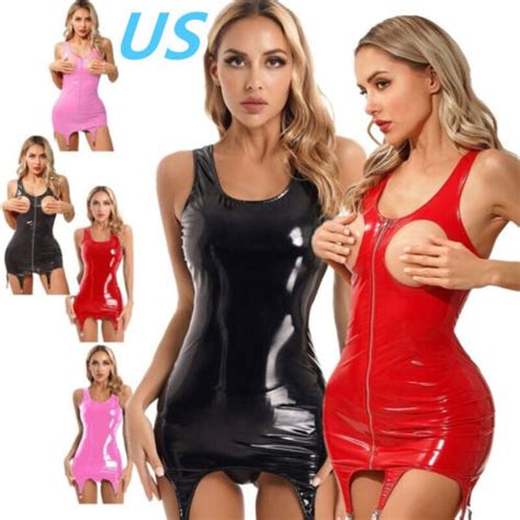 Us Womens Faux Leather Bodycon Dress Sexy Mini Dresses With Garter Metal Clips Ebay