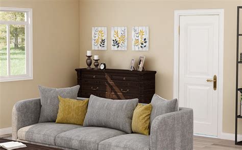 Sumgar Yellow Wall Art Leaf Flower Canvas Pictures Grey And Mustard