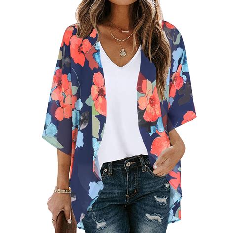 Lilgiuy Women S Floral Print Puff Sleeve Kimono Cardigan Loose Chiffon