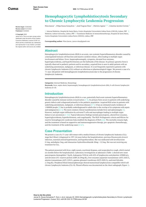 PDF Hemophagocytic Lymphohistiocytosis Secondary To Chronic