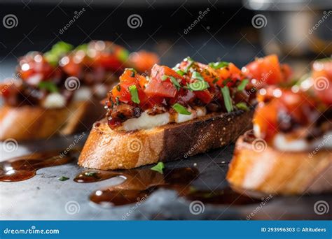 Zoomed In Image Of Goat Cheese Melting On Hot Bruschetta Stock Image